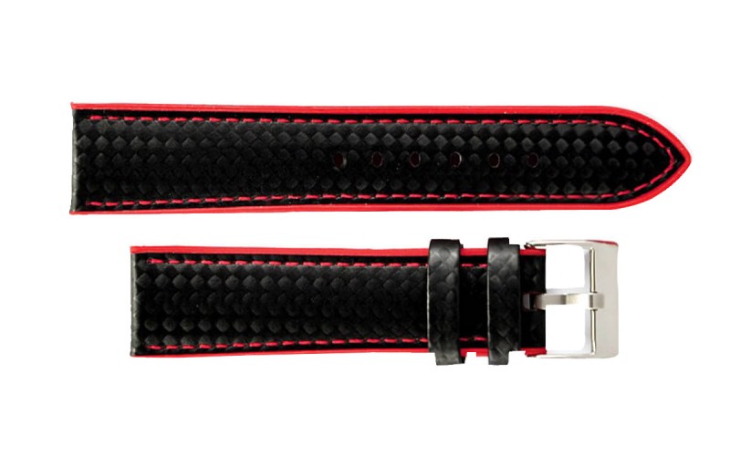 Hybrid silicone watch strap with carbon-like texture, 22mm, Black, Red, CP000400.22.53