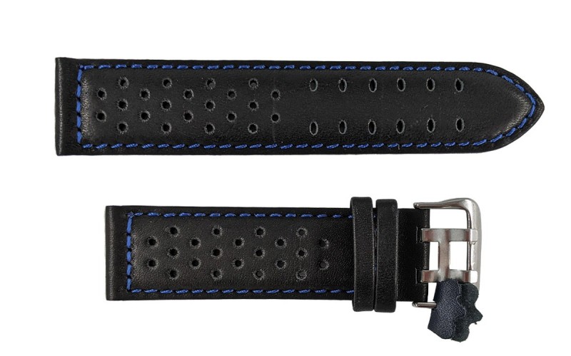 Rally racing sports leather strap, 22mm, Black, CP000380.22.52