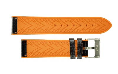 Hybrid silicone watch strap with carbon-like texture, 22mm, Black, Orange, CP000400.22.56