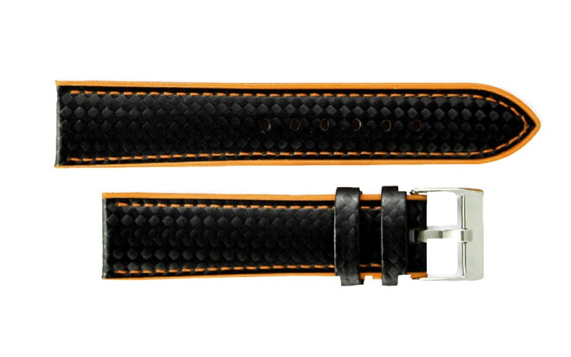 Hybrid silicone watch strap with carbon-like texture, 22mm, Black, Orange, CP000400.22.56