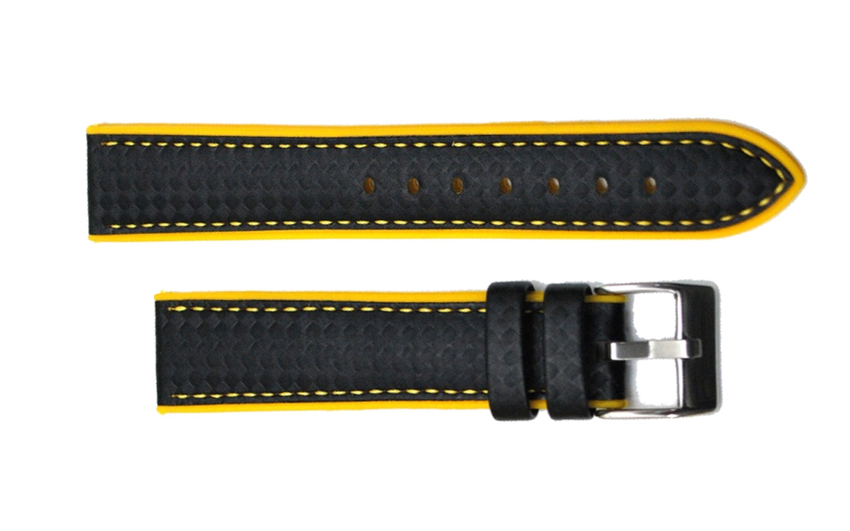 Hybrid silicone watch strap with carbon-like texture, 20mm, Black, Yellow, CP000400.20.55