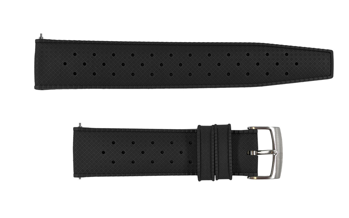Sporty FKM rubber watch strap with holes and pattern, 22mm, Black, JP-RWB017-22P-1A