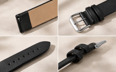 Ultra-thin genuine leather watch strap, 12 mm, Black