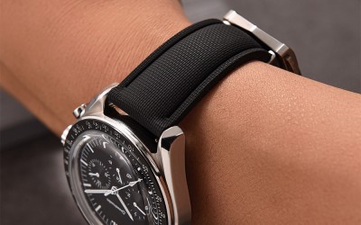 FKM rubber watch strap with fabric texture, 22 mm, Black