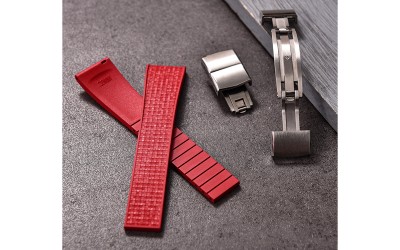 Cut-to-size mosaic-textured FKM rubber watch strap with deployant clasp, 20 mm, Orange
