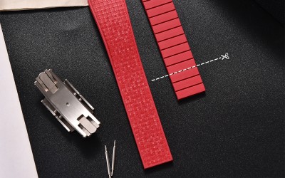 Cut-to-size mosaic-textured FKM rubber watch strap with deployant clasp, 22 mm, Orange