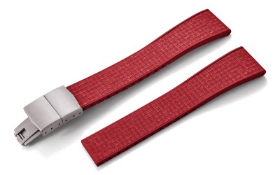 Cut-to-size mosaic-textured FKM rubber watch strap with deployant clasp, 22 mm, Red