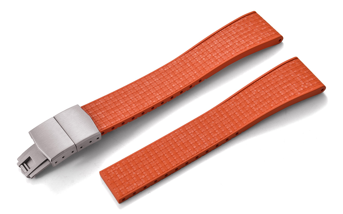 Cut-to-size mosaic-textured FKM rubber watch strap with deployant clasp, 20 mm, Orange