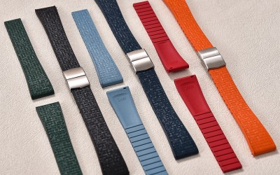 Cut-to-size mosaic-textured FKM rubber watch strap with deployant clasp, 20 mm, Orange