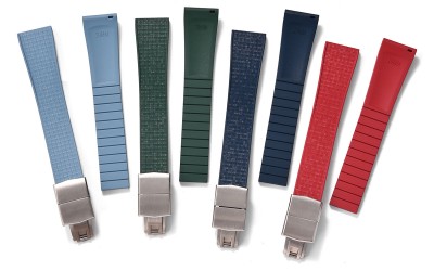 Cut-to-size mosaic-textured FKM rubber watch strap with deployant clasp, 20 mm, Blue