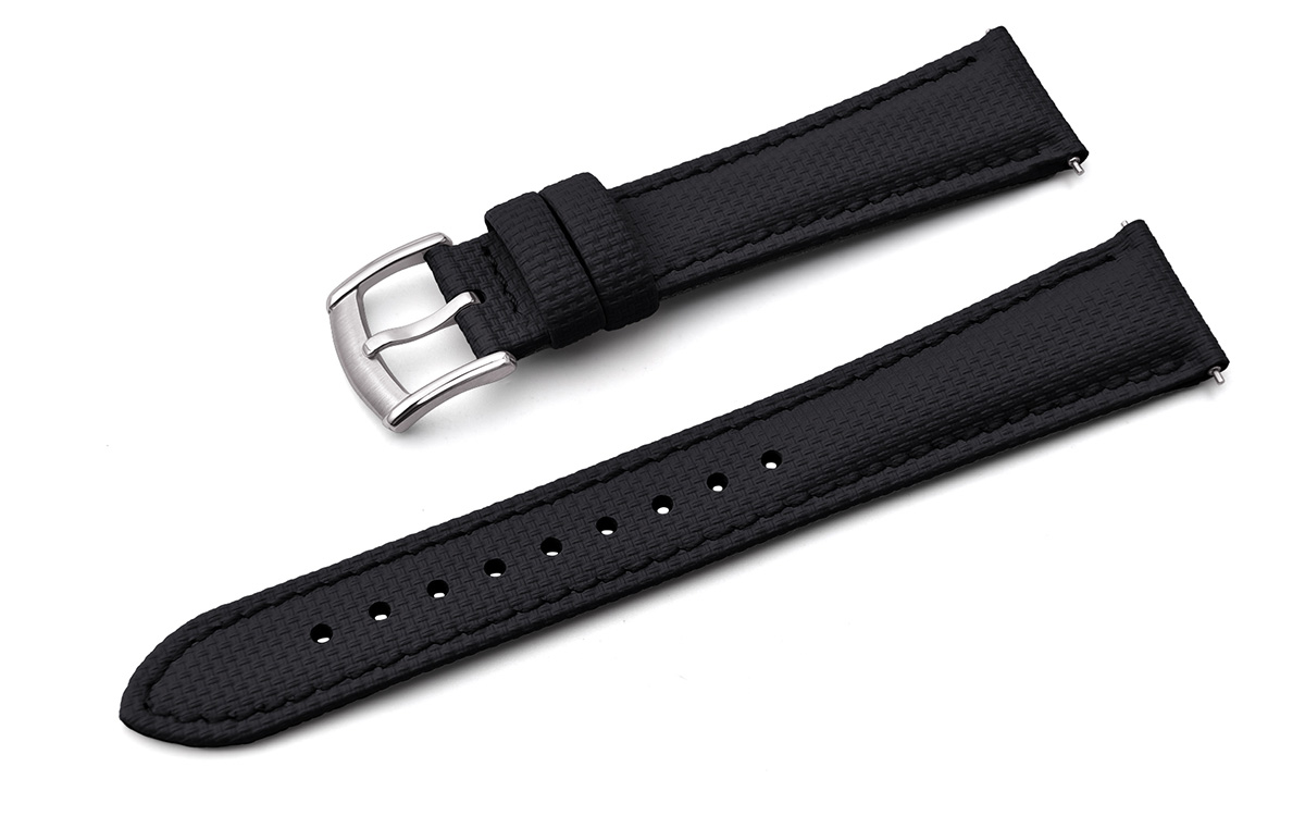 Hybrid FKM rubber and leather watch strap with sailcloth texture, 18 mm, Black