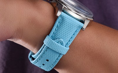 Hybrid sailcloth-textured FKM rubber and leather watch strap, 18 mm, Sky Blue