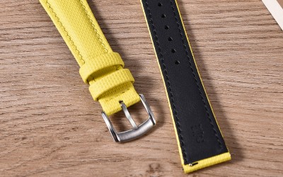 Hybrid sailcloth-textured FKM rubber and leather watch strap, 18 mm, Yellow