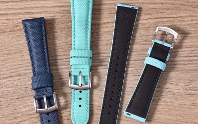 Hybrid sailcloth-textured FKM rubber and leather watch strap, 18 mm, Turquoise